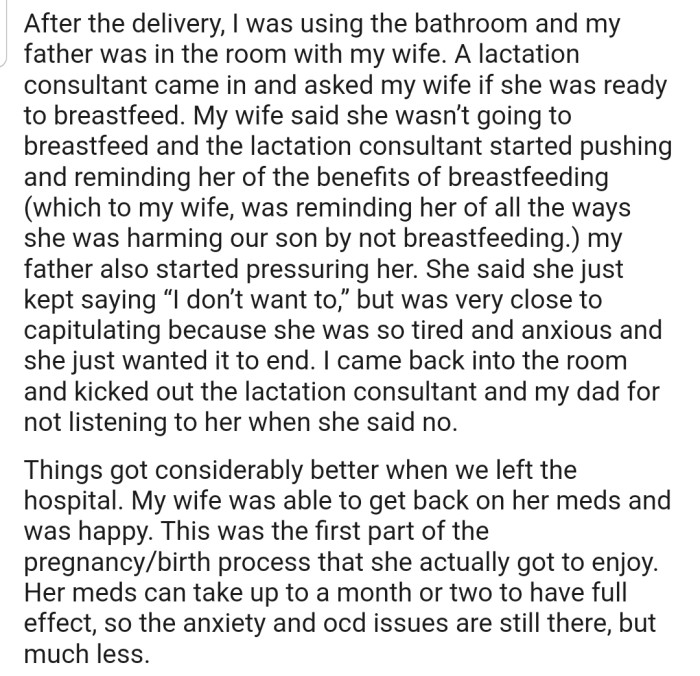 OP kicked out the lactation consultant and their dad after they tried pressuring their wife to consider breastfeeding