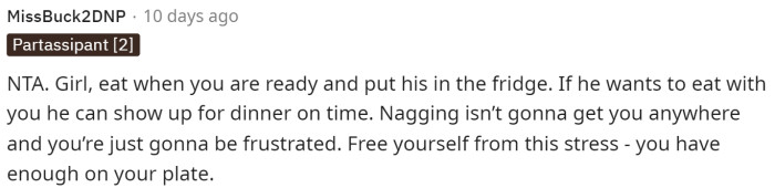 Clearly, everyone agrees that OP is NTA and that they should just eat whenever they want and not wait for their partner if they aren't ready.