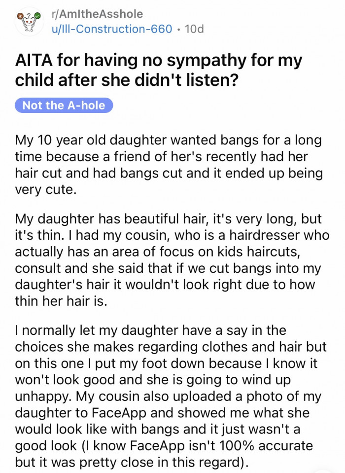 Mom asks if she was wrong for showing no sympathy towards her daughter.