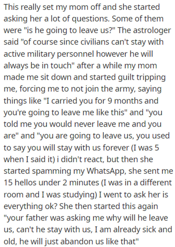 OP's mom started convincing him not to join the army