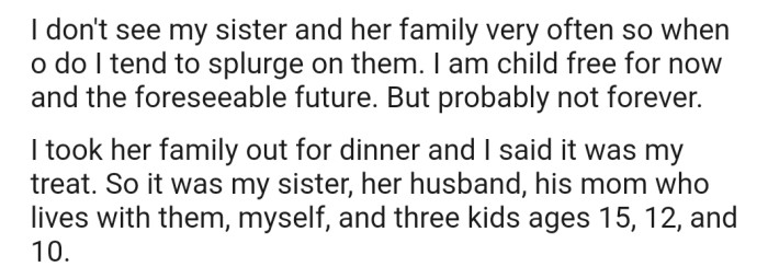 OP decided to take their sister and her family out for dinner since it had been a while since they saw them