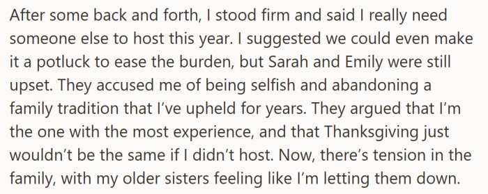 Here, she holds her boundary, even as her sisters accuse her of ruining Thanksgiving by refusing to host.