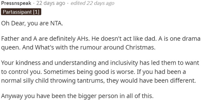 The father and his wife's behavior has shown them to be an inconsiderate