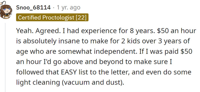 $50 an hour is way too much; she should have followed the list.