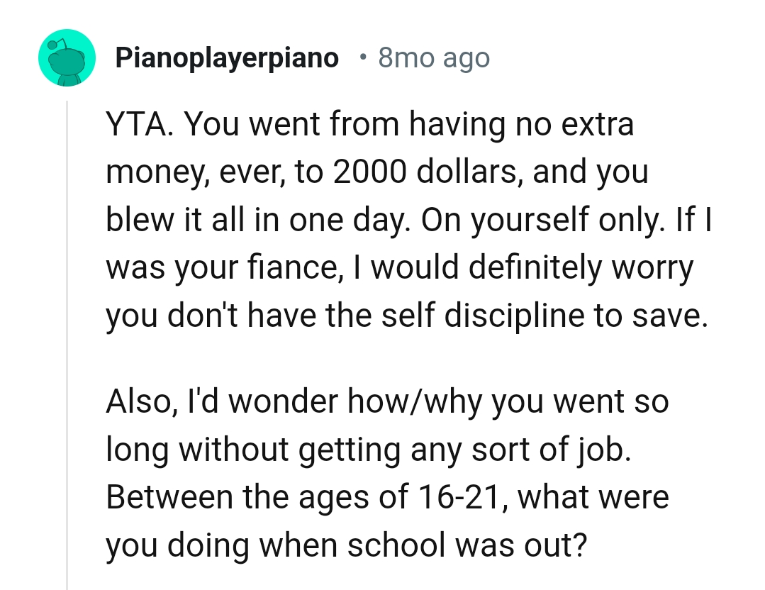 This Redditor Would Also Worry That the OP Doesn't Have the Self-Discipline to Save