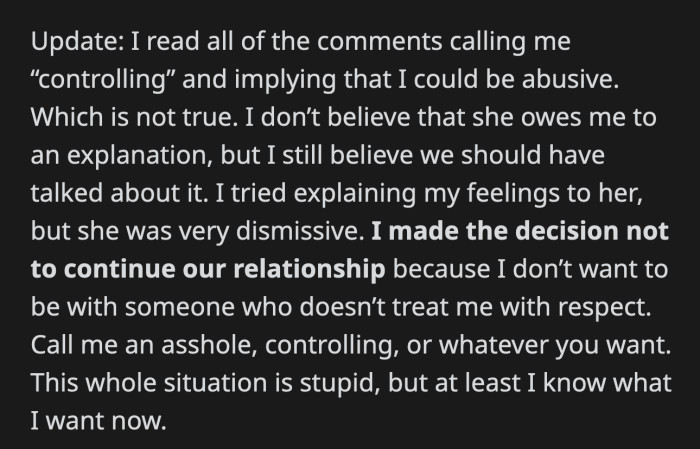 Even after their breakup, OP still refused to acknowledge that he shot himself in the foot