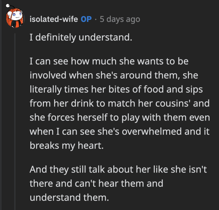 Her daughter is already starting to realize that her own family treats her differently from her cousins