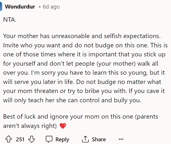 She does have selfish expectations, and it seems like many people were on OP's side about this.