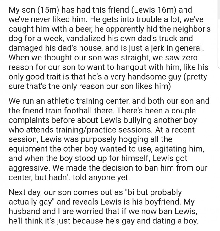 OP explained that they decided to ban Lewis because he was bullying another boy at their athletic center. However, they were worried that their son would take it the wrong way, as he had just come out as gay and revealed that Lewis was, in fact, his boyfriend.