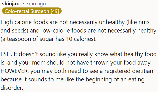 Both parties might benefit from consulting a registered dietitian to address potential concerns about food habits and to gain clarity on nutrition.
