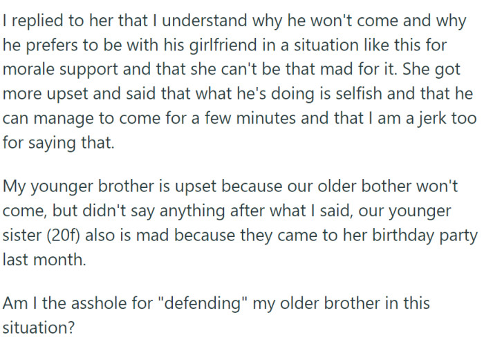 OP's brother couldn't attend because his girlfriend's father was having surgery