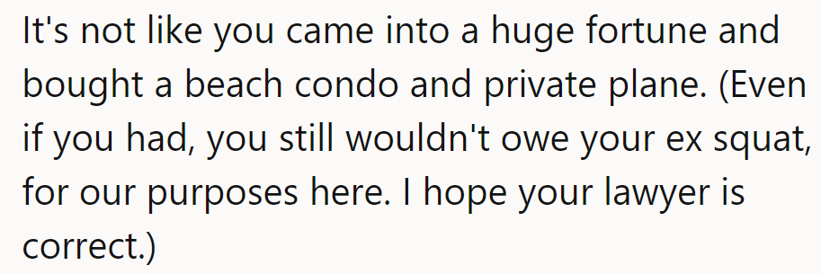 No beach condo, no private plane? Somebody's wishing for a free ride. The lawyer better be right!