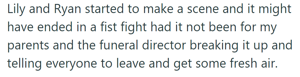 Lily and Ryan nearly fought, but their parents and the funeral director intervened, dispersing everyone for fresh air.