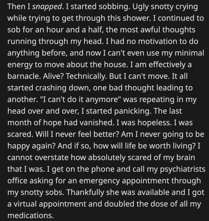 This pushed her over the brink and triggered a meltdown