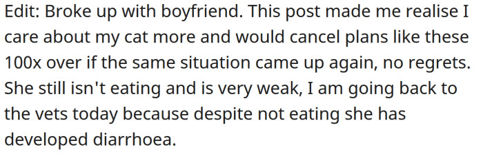 In a later edit, the OP said she had broken up with her boyfriend.