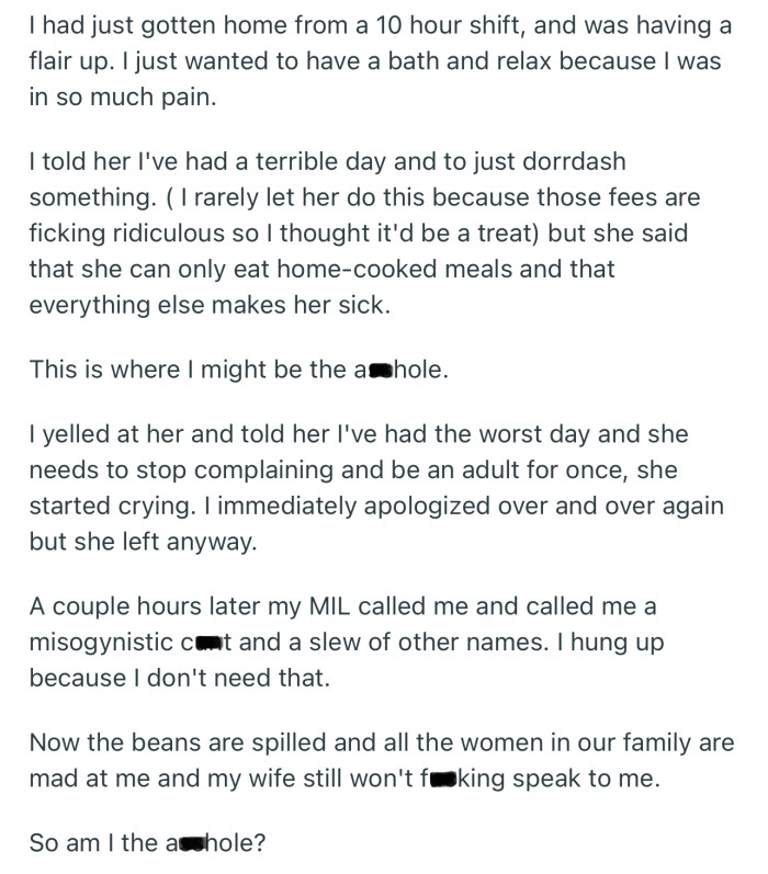 OP berated his wife to tears for requesting a home-cooked meal. Now she won’t talk to him anymore