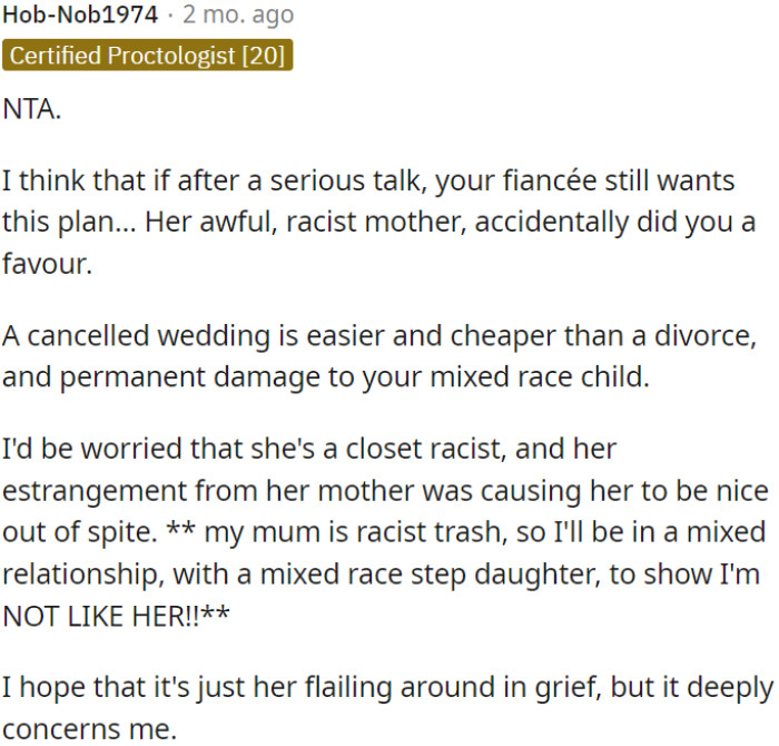 A called-off wedding is less taxing than a divorce and potential harm to their mixed-race child