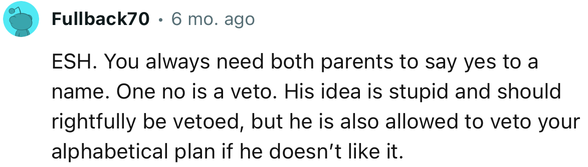 “His Idea Is Stupid and Should Rightfully Be Vetoed, but He Is Also Allowed to Veto Your Alphabetical Plan.”