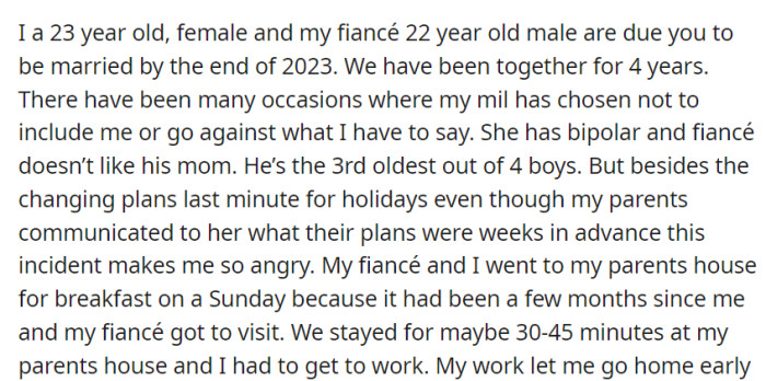 A couple in their early twenties, together for four years and planning a 2023 wedding, grapple with a bipolar mother-in-law.