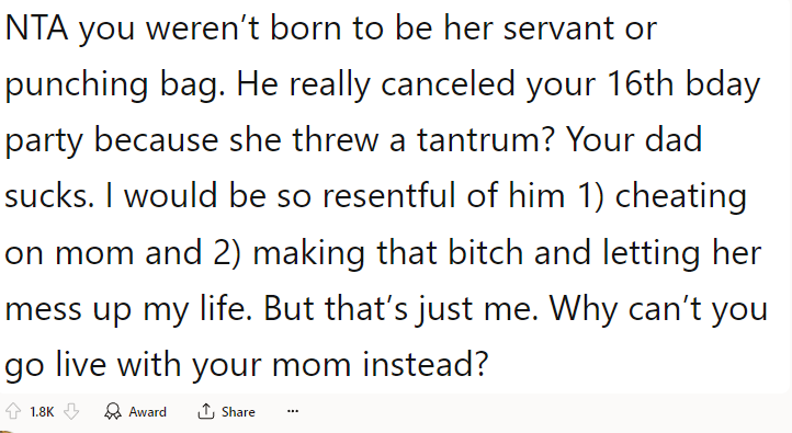 I love your mom! She is protecting you from that train wreck going on at your dad's place! You are at an age (I believe) where you no longer have to spend time with your dad if you don’t want to.