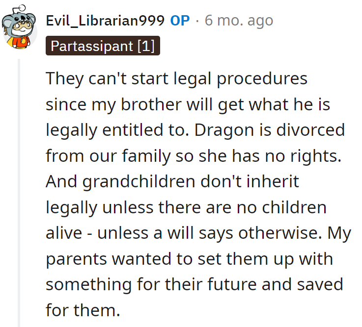 No drama for the brother or ex-dragon. Grandkids inherit by the script, not the fire-breath.