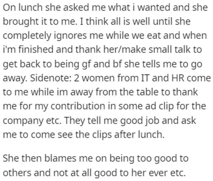 The girlfriend is giving OP the silent treatment