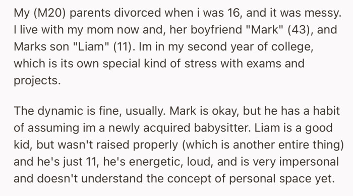 OP is having trouble dealing with Mark’s son, Liam