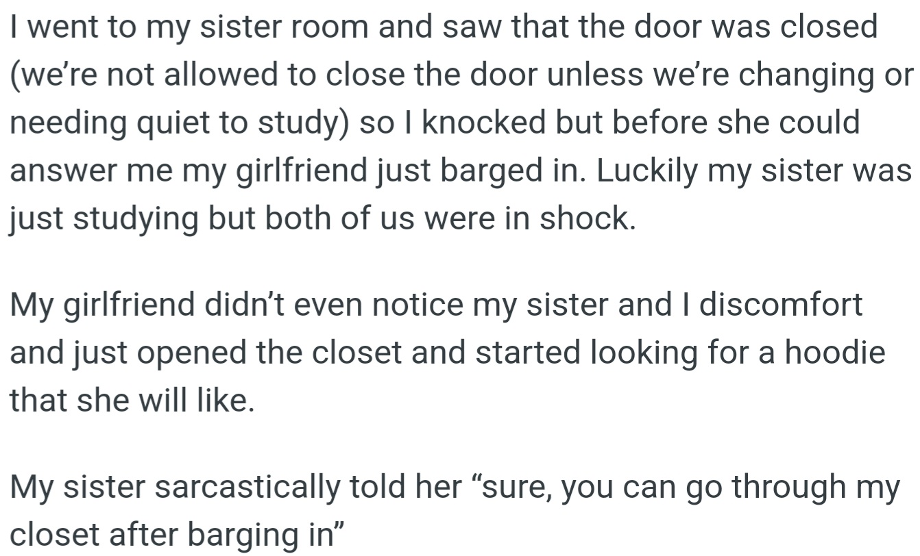 OP's Girlfriend Burst into His Sister’s Room Without Knocking, Which Felt Awkward and Rude