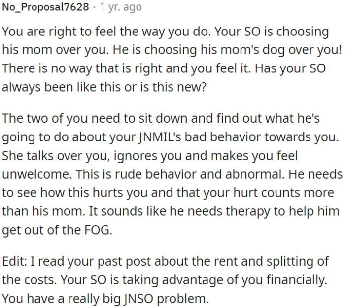 OP's partner is prioritizing his mother and even her dog over OP, which doesn't seem right.