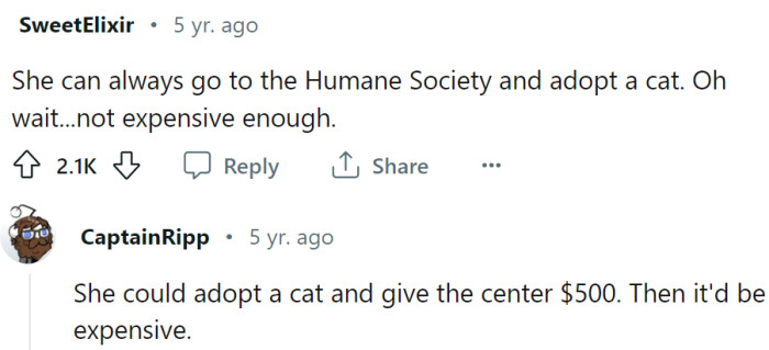 Cats at the Humane Society are just not expensive enough.