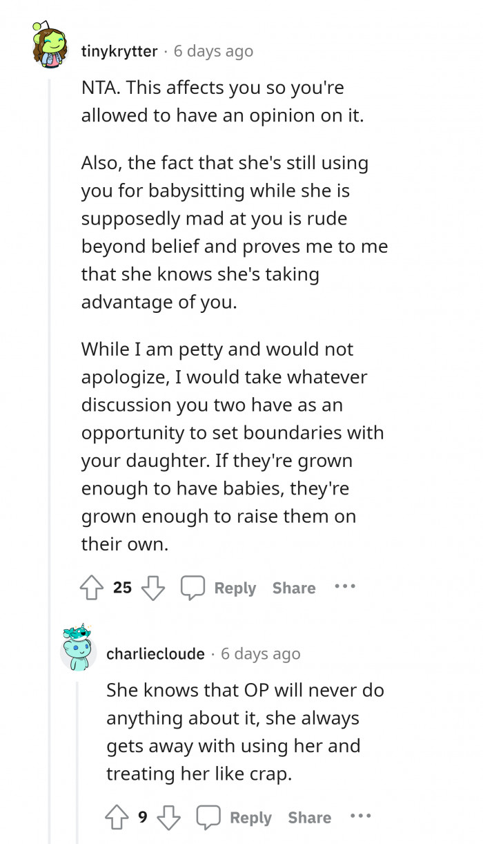 17. Your daughter didn't care for you as her mother the moment she announced having another baby.