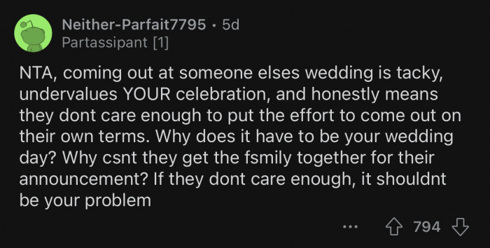 What the cousin wants to do is going to undervalue Op's celebration.