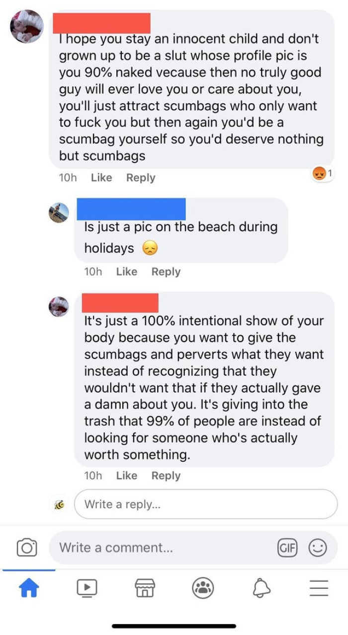 Here's a look into the actual comments section of her post where the guy is commenting about her profile picture and how she's showing off her body. You can clearly see she's not entertaining the conversation.