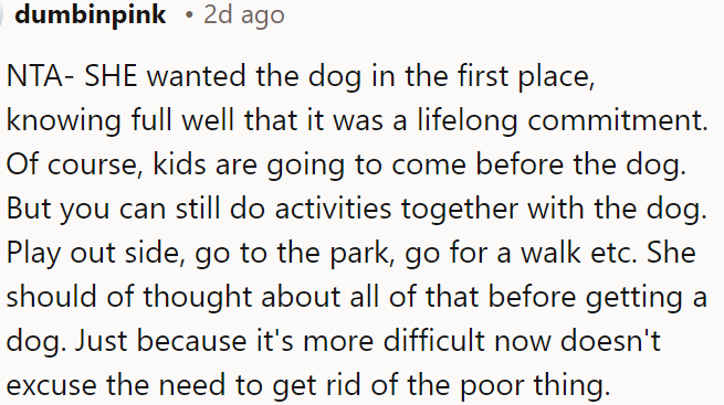 She chose to get a dog, understanding it was a long-term commitment, and despite the challenges, she should not abandon it.