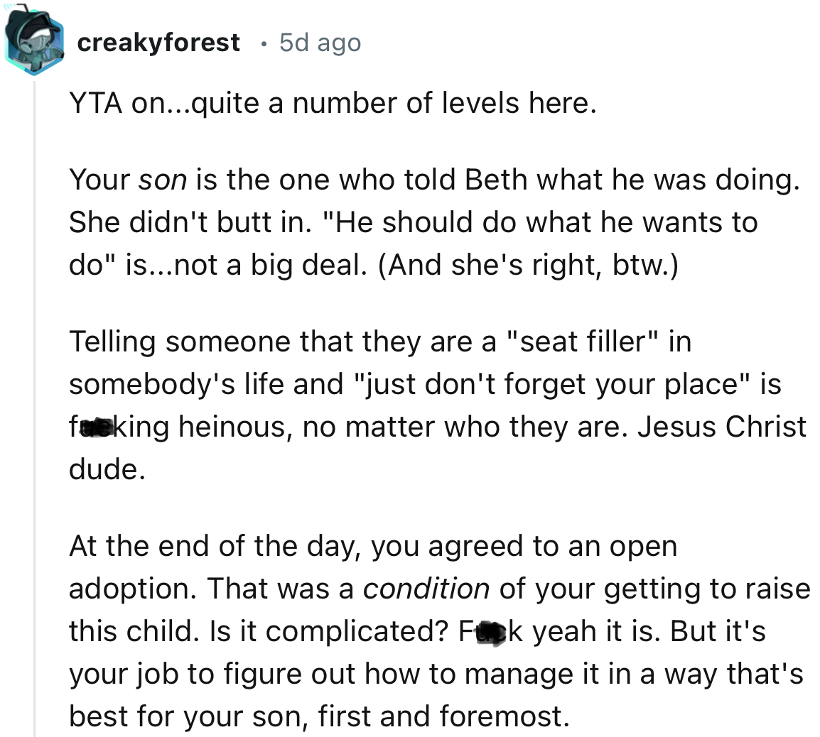 “Your son is the one who told Beth what he was doing. She didn't butt in.”