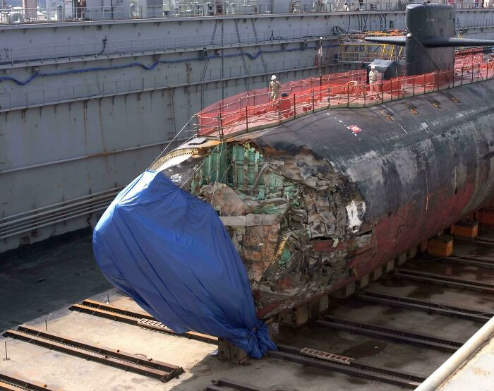 "The USS San Francisco, A Nuclear Submarine, In Dry-Dock In 2005 After Hitting An Underwater Seamount At 35 Knots"