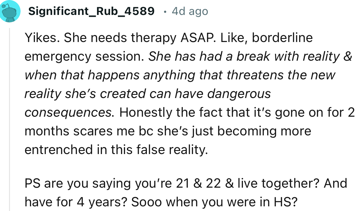 “Yikes. She needs therapy ASAP. Like, borderline emergency session.”
