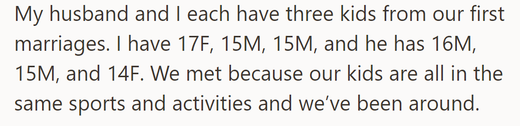 OP has a blended family with her husband consisting of 17F, 15M, and 15M; he has 16M, 15M, and 14F.