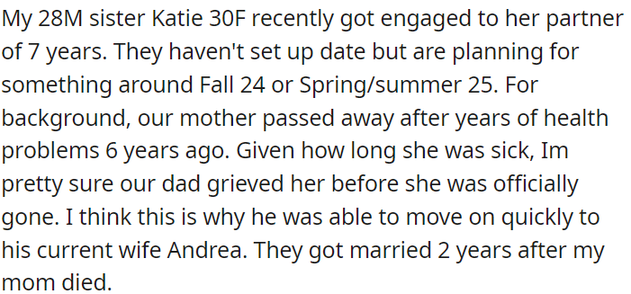 OP's sister recently got engaged, and they're considering a wedding. OP's mom passed away six years ago, and his dad remarried Andrea two years later.
