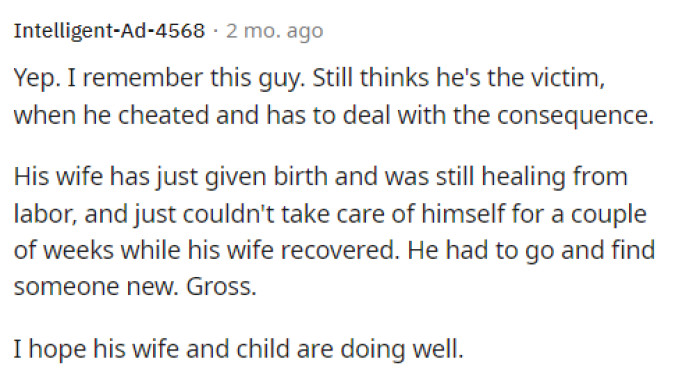 This person recognized the post and stated that he's just trying to play the victim, even though he's the one who hurt his wife.