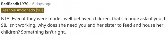 Exactly. It's not an easy or simple favor to ask someone to watch your kids, especially to let three of them live with you.