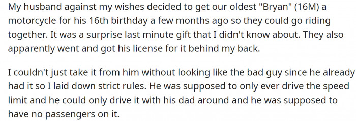 Her husband bought their son a motorcycle behind her back