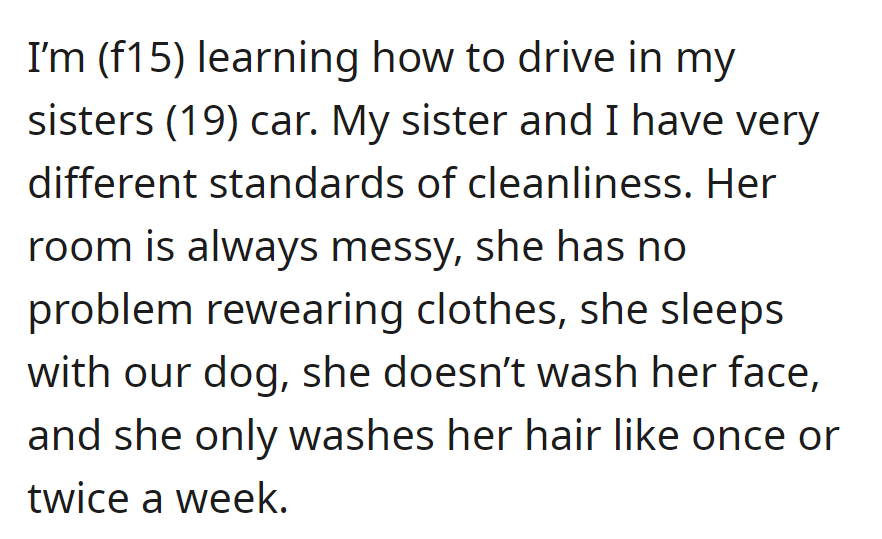 OP drives her messy sister's car, and they differ in terms of cleanliness: the sister rewears her clothes, sleeps with the dog, does minimal face washing, and infrequently washes her hair.