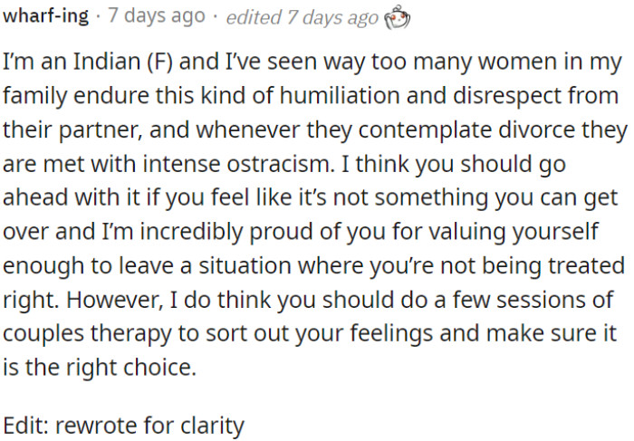 OP should consider couples therapy for clarity before finalizing the choice.