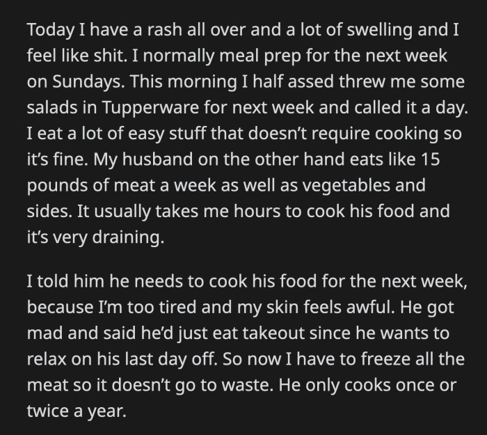 OP did agree to rake the yard to help him. OP said she wasn't trying to punish her husband — she's just suffering from her allergies.