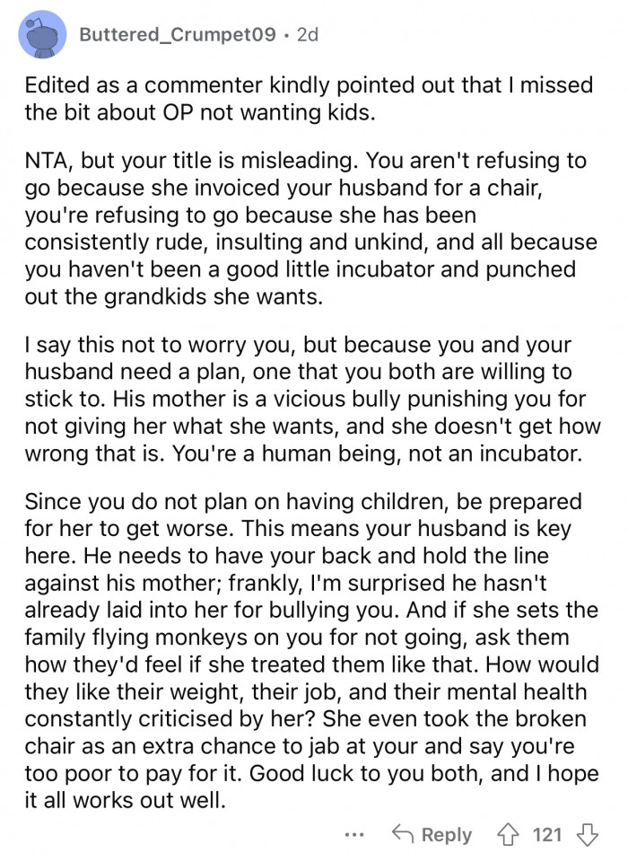 OP's husband needs to have her back; otherwise, she will most likely suffer.