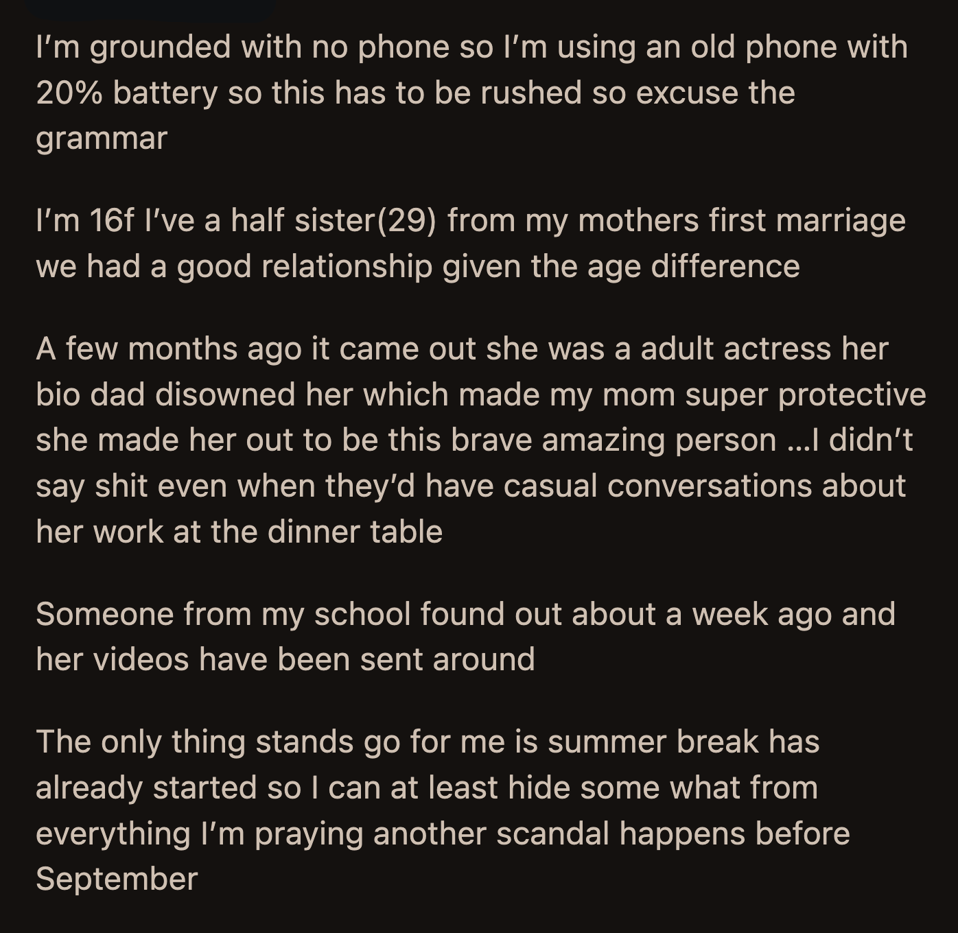 She wanted OP to reactivate her social media accounts, write a message defending her sister, and name all her schoolmates who spread the video. OP said no.