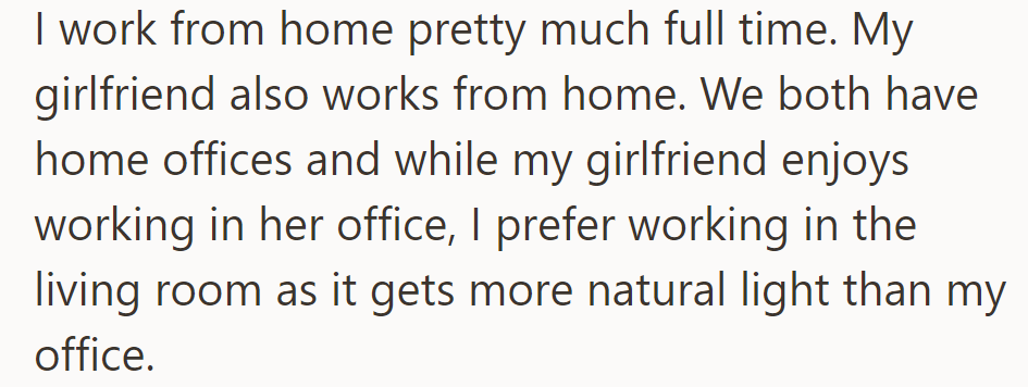 OP works from home full-time, enjoying the living room's natural light, while his girlfriend prefers her office.
