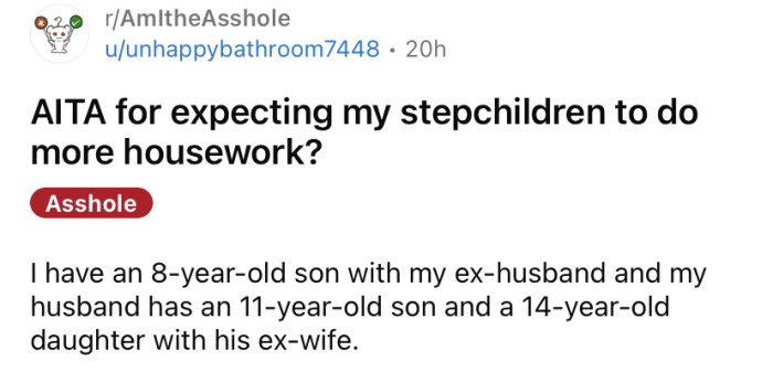 The OP asked if she's an a**hole for expecting her stepchildren to do more housework.