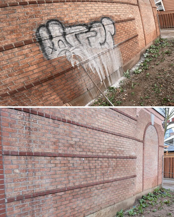 "Downtown Toronto Alleyway: Graffiti Removal On Red Brick"
